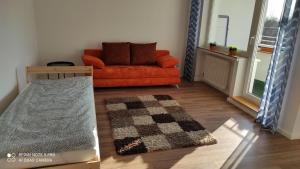 ein Wohnzimmer mit einem orangenen Sofa und einem Teppich in der Unterkunft Schöne und gemütliche Wohnung in Bremen