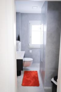 uma casa de banho com um WC, um lavatório e um tapete vermelho em Ferienwohnung Panoramablick-Rhön em Sandberg