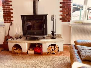 a living room with a tv on a table with a fireplace at Vila Friuli Karst in Komen