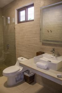 bagno con servizi igienici, lavandino e specchio di G Boutique Hotel at San Andres Peten a San Andrés