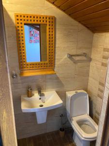 mała łazienka z umywalką i toaletą w obiekcie Vila Lucian w mieście Eforie Nord