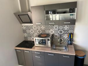 a small kitchen with a sink and a microwave at Le Rustique Vosgien in Saint Die