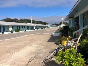 a parking lot with a row of buildings and flowers at Swell Motel in Buxton