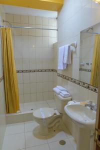 y baño con aseo, lavabo y ducha. en Hostel Sol Andina Inn, en Puno