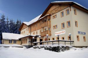 ein großes Gebäude mit Schnee auf dem Boden in der Unterkunft Roseggerhof in Sankt Kathrein am Hauenstein