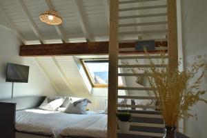 una camera con letto a soppalco e finestra di Charmant studio, le petit gris des montagnes a Mouthe