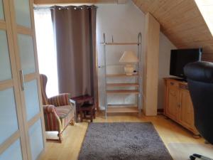 ein Wohnzimmer mit einem TV, einem Sofa und einem Stuhl in der Unterkunft Cornelia Kolpak-Krieger in Pegnitz