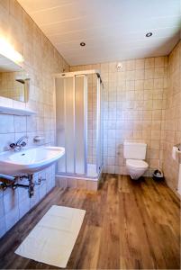 a bathroom with a shower and a sink and a toilet at Roasnerhof in Finkenberg