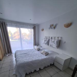 a bedroom with a bed with a large window at Studios Les Iris in Monthou-sur-Cher