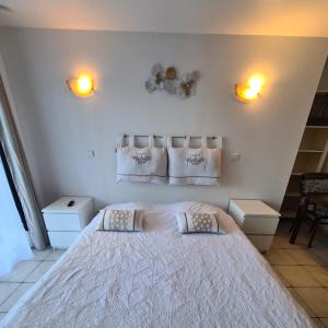 a bedroom with a large white bed with two pillows at Studios Les Iris in Monthou-sur-Cher