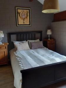 a bedroom with a large bed with blue sheets at Le refuge in Hastière-par-delà