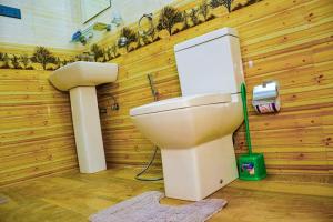 ein Bad mit einem WC in einer Holzwand in der Unterkunft New green leaf resort in Ella