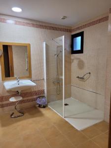 uma casa de banho com um chuveiro e um lavatório. em Hospedium Hotel Doña Mafalda de Castilla em Plasencia