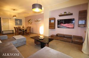 a living room with a couch and a tv on a wall at MELMA PROPERTIES- ALKYONI apartment by the sea in Piraeus in Piraeus