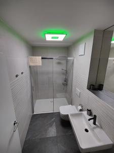 y baño con ducha, lavabo y aseo. en Penthouse Flat Carolina in Salzburg Stadt en Salzburgo