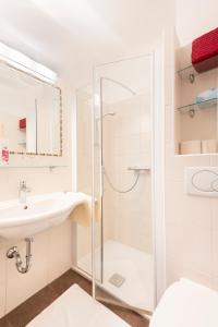 a bathroom with a shower and a sink at Pension Altes Rathaus in Dürnstein