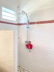 un bagno con box doccia e oggetto rosso di Villa Abricot Moderne a Sainte-Anne