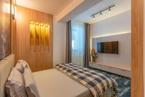 a hotel room with a bed and a tv at Pretoria Luxor apartment Predeal in Predeal