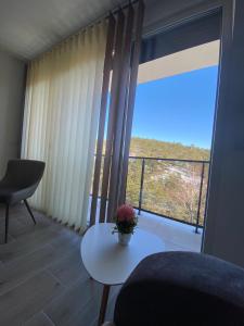ein Wohnzimmer mit einem Tisch und einem großen Fenster in der Unterkunft Goga Apartmani in Divčibare