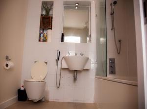 a bathroom with a toilet and a sink and a shower at Mercury Apartments in Leeds