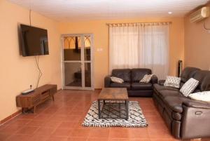 a living room with a leather couch and a tv at Fully air-condition 3Bed Villa - WiFi - hot water in Freetown