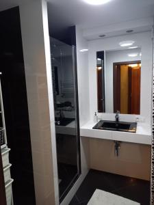 a bathroom with a sink and a mirror at Apartament 35 in Olsztynek