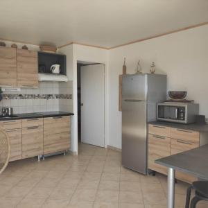 a kitchen with a stainless steel refrigerator and wooden cabinets at LES CAPITELLES - Accès direct à la plage depuis le jardin - T2 in Saint-Cyprien