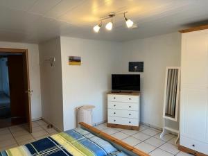 una camera con un letto e un comò con una televisione di Ferienwohnung am Binnensee a Heiligenhafen
