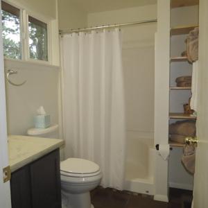 a bathroom with a toilet and a shower curtain at Bristlecone Lodge in Woodland Park