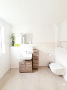 un bagno bianco con un water e un lavandino di Ferienwohnung Familie Sobierajczyk - Fewo unweit Ostsee a Blankenhagen Altre 14 foto