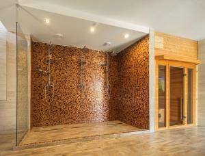 a bathroom with a shower with wooden walls at Ponty-Papa Rendezvényház in Dávod