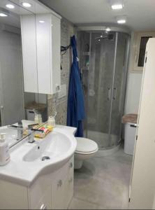 ein Bad mit einem Waschbecken, einem WC und einer Dusche in der Unterkunft Il loft del vico in Galatone