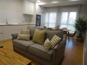 sala de estar con sofá gris con almohadas en Mi Refugio, en Monforte de Lemos