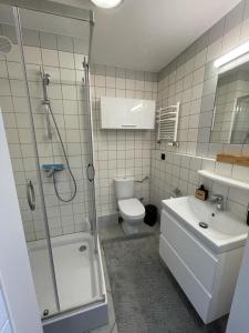 a bathroom with a shower and a toilet and a sink at Apartament Bielik in Międzyzdroje