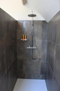 a bathroom with a shower with a shower head at B&B 't Burreken in Schorisse