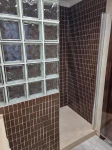 a bathroom with a shower with tiled walls and windows at Hotel El Tajo & SPA in Ronda