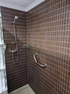 Łazienka z prysznicem wyłożona jest brązowymi kafelkami. w obiekcie Hotel El Tajo & SPA w mieście Ronda