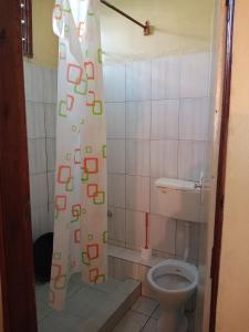 a bathroom with a toilet and a shower curtain at Warm and Homely Studio Apartment in Mombasa