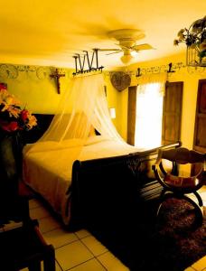 a bedroom with a bed with a mosquito net at Hotel Posada de la Conspiración in Dolores Hidalgo