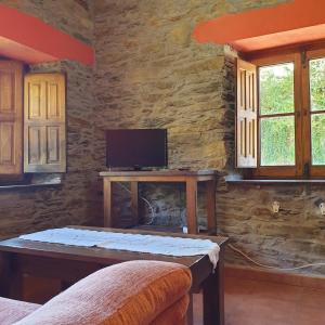 sala de estar con TV en una pared de piedra en Valles del Narcea, Apartamentos Rurales, en Cangas del Narcea