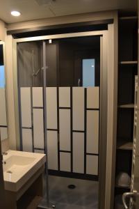 a bathroom with a shower and a sink at Chalets au bord de l'eau in Caudebronde