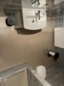 łazienka z umywalką i toaletą w obiekcie Restauracja i Noclegi Izba Rybacka w Krainie Wygasłych Wulkanów w mieście Podgórki
