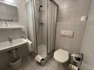 a bathroom with a shower and a toilet and a sink at Hotel-Pension Sternen in Klaus