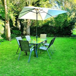 einen Tisch und Stühle mit einem Regenschirm auf dem Rasen in der Unterkunft XG Guesthouse in Barkly East