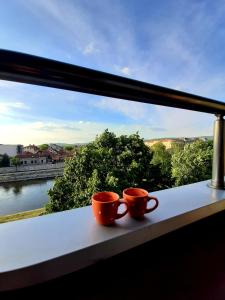 two cups on a window sill with a view of a river at Melinaki in Niš