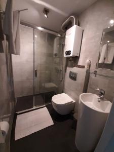 ein Bad mit einer Dusche, einem WC und einem Waschbecken in der Unterkunft Apartament na 9. piętrze in Oświęcim