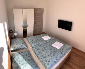 a bedroom with two beds and a flat screen tv at Apartmány na Plešivci in Abertamy