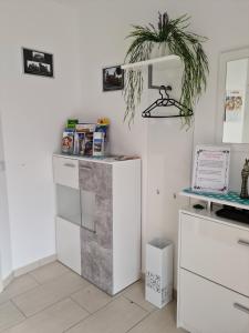a kitchen with a white refrigerator and a plant at Beutlich's Wörtherseeappartements in Velden am Wörthersee