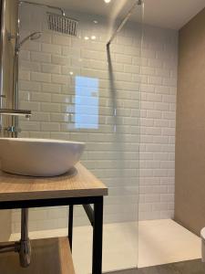 a bathroom with a sink and a glass shower at CASA NAIA Santa Rufina 7 in Seville