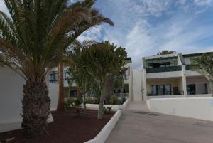 un edificio con palmeras delante en Suri Costa Teguise, en Costa Teguise